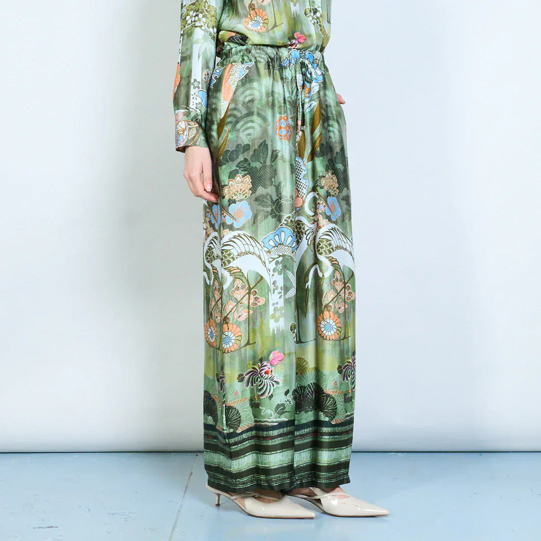 Floral ornamental printed elastic waist relaxed trousers wholesale - DARKOLIVE - Pinkhill