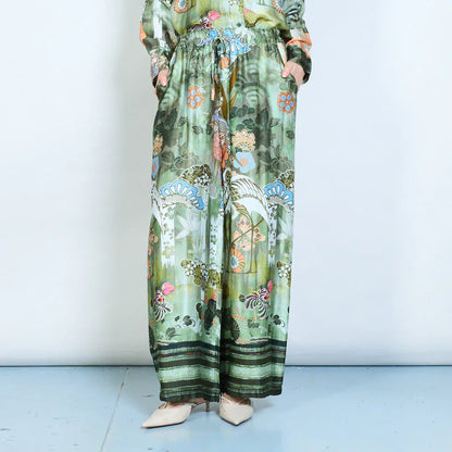 Floral ornamental printed elastic waist relaxed trousers wholesale - DARKOLIVE - Pinkhill