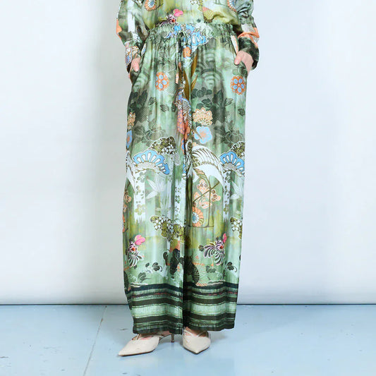 Floral ornamental printed elastic waist relaxed trousers wholesale - DARKOLIVE - Pinkhill