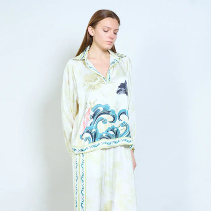 Floral wave graphic striped trim collared long sleeve blouse wholesale - DARKOLIVE - Pinkhill