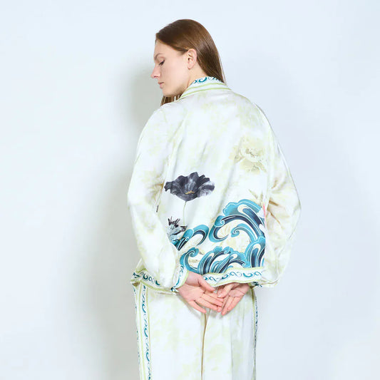 Floral wave graphic striped trim collared long sleeve blouse wholesale - DARKOLIVE - Pinkhill