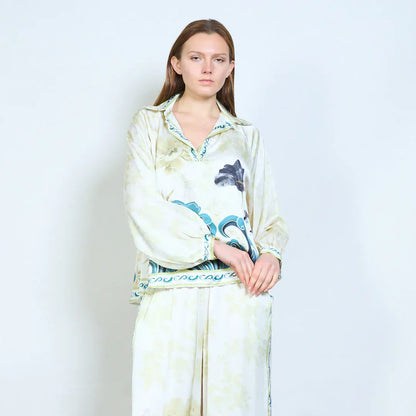 Floral wave graphic striped trim collared long sleeve blouse wholesale - DARKOLIVE - Pinkhill