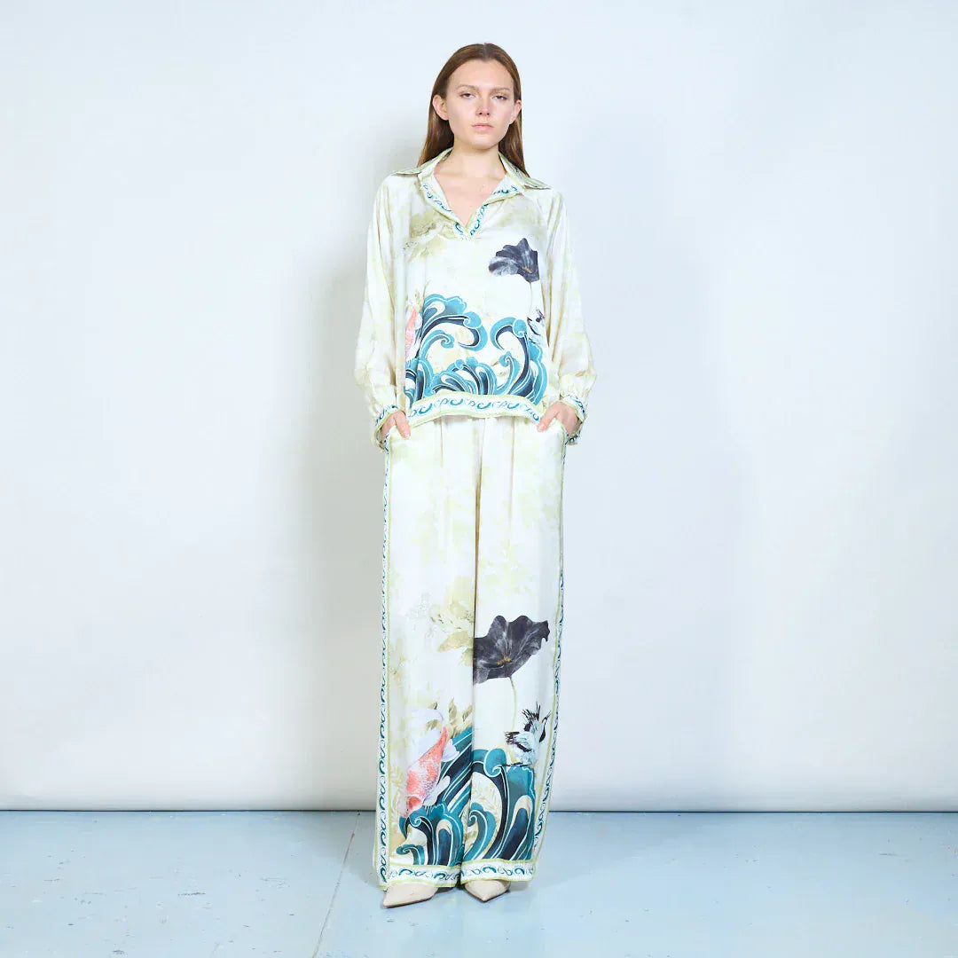 Floral wave graphic striped trim collared long sleeve blouse wholesale - DARKOLIVE - Pinkhill