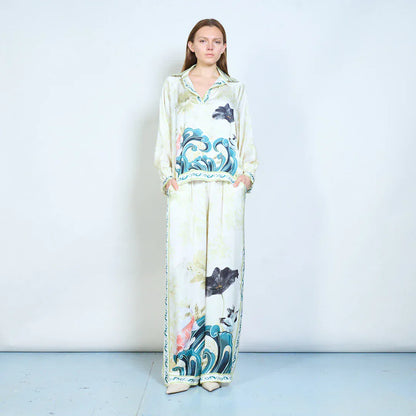 Floral wave graphic striped trim collared long sleeve blouse wholesale - DARKOLIVE - Pinkhill