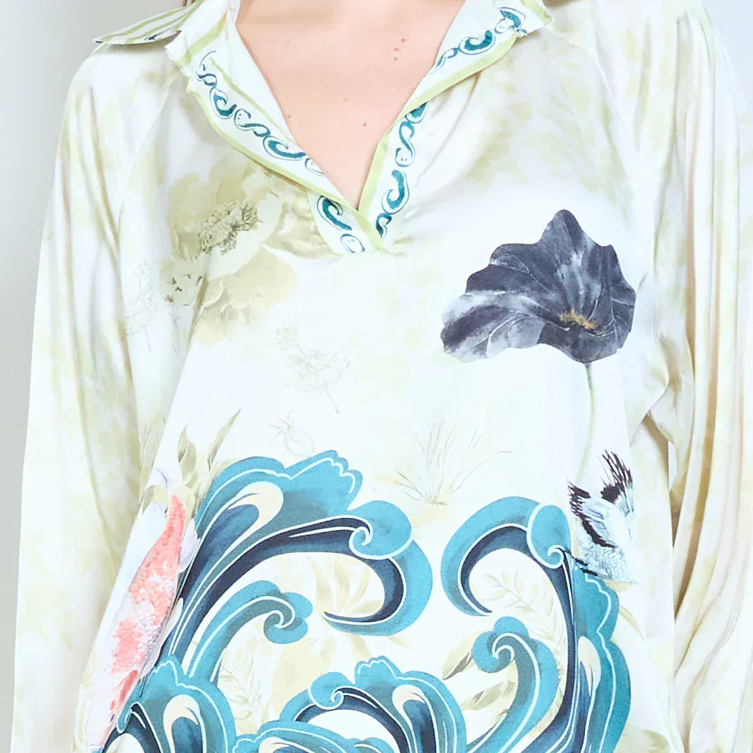 Floral wave graphic striped trim collared long sleeve blouse wholesale - DARKOLIVE - Pinkhill