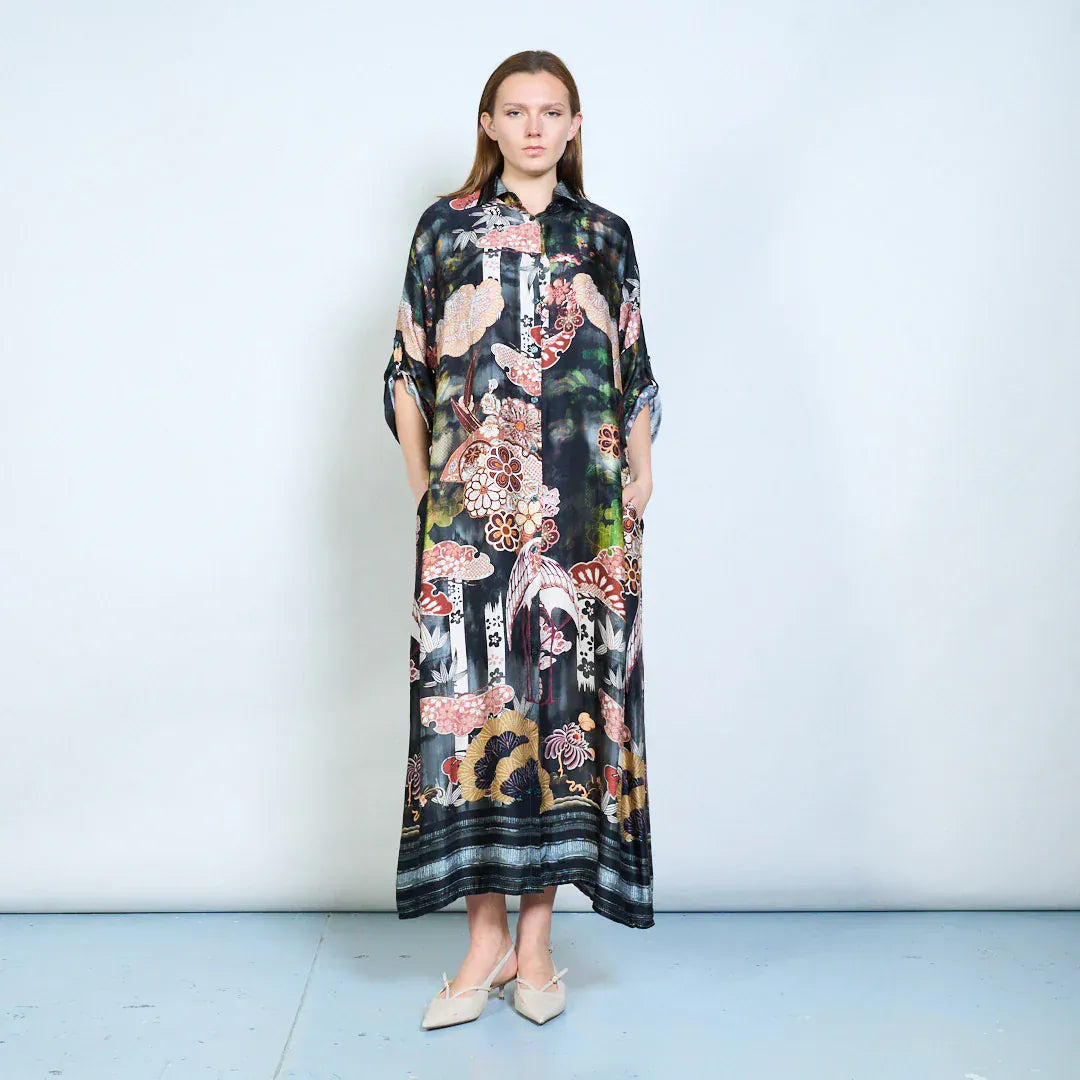 Loose fit printed long shirt style dress wholesale - BLACK - Pinkhill