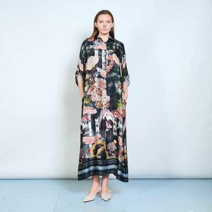 Loose fit printed long shirt style dress wholesale - BLACK - Pinkhill