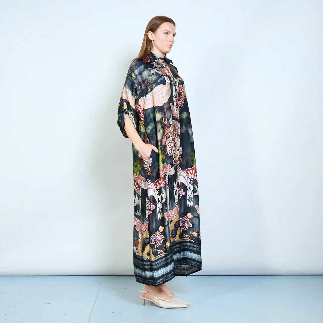 Loose fit printed long shirt style dress wholesale - BLACK - Pinkhill