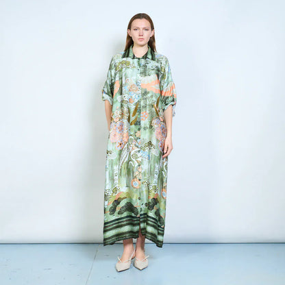 Loose fit printed long shirt style dress wholesale - DARKOLIVE - Pinkhill