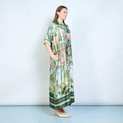 Loose fit printed long shirt style dress wholesale - DARKOLIVE - Pinkhill