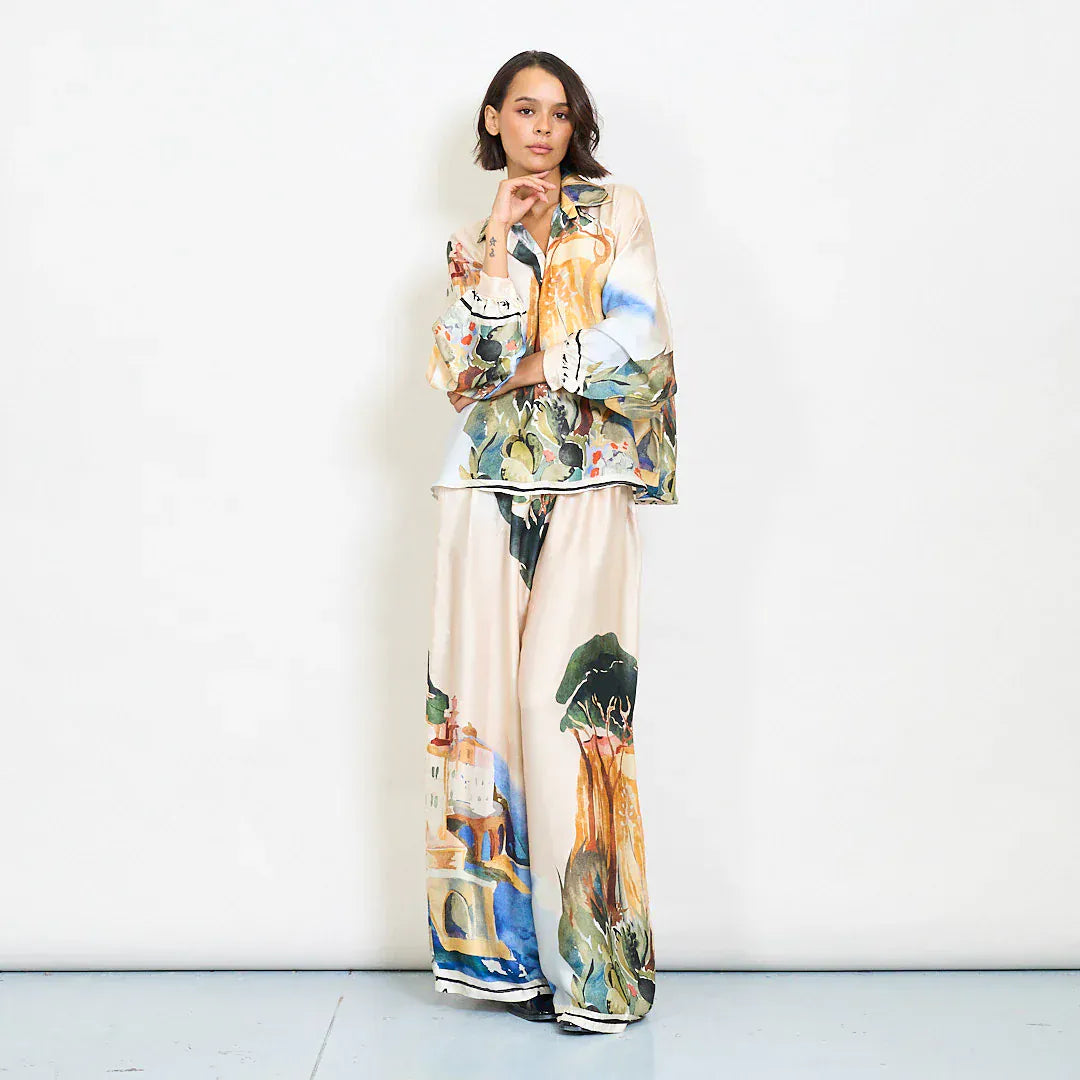 Abstract floral watercolor print satin shirt with mandarin collar - Beige - Pinkhill -  - [] - Darwin boutique - Australian fashion design - Darwin Fashion - Australian Fashion Designer - Australian Fashion Designer Brands - Australian Fashion Design 