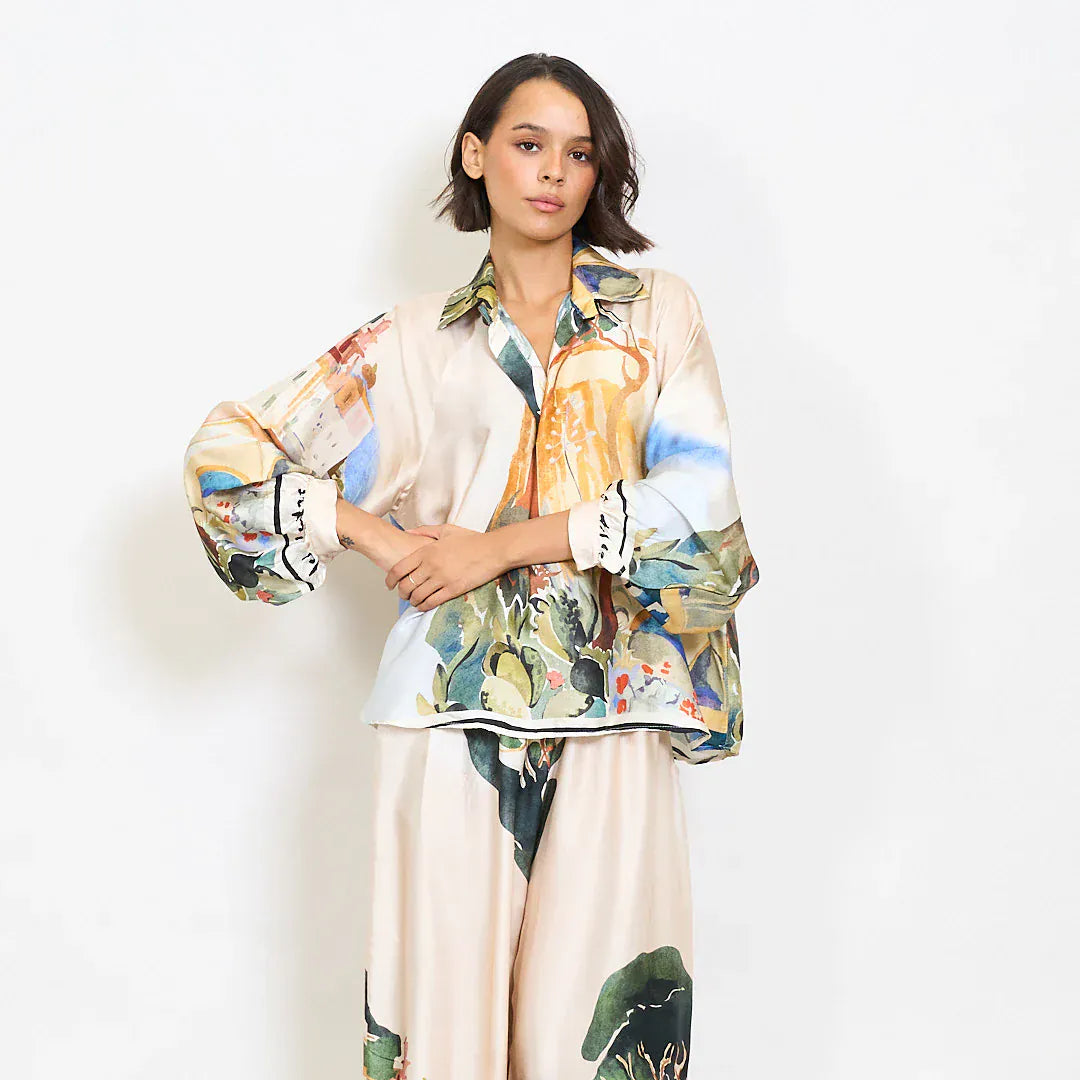 Abstract floral watercolor print satin shirt with mandarin collar - Beige - Pinkhill -  - [] - Darwin boutique - Australian fashion design - Darwin Fashion - Australian Fashion Designer - Australian Fashion Designer Brands - Australian Fashion Design 