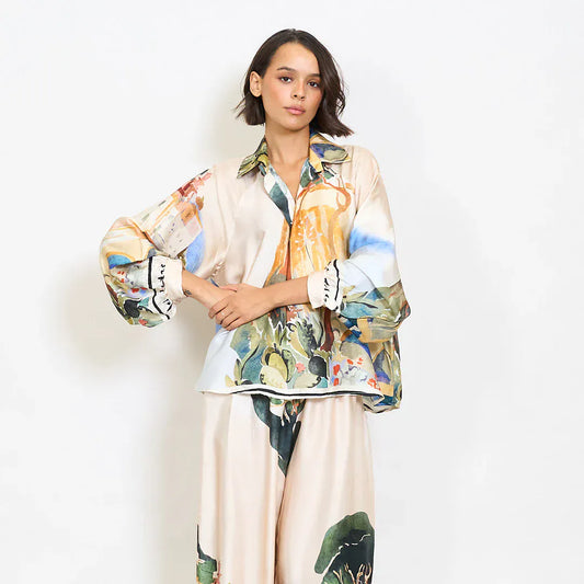 Abstract floral watercolor print satin shirt with mandarin collar - Beige - Pinkhill -  - [] - Darwin boutique - Australian fashion design - Darwin Fashion - Australian Fashion Designer - Australian Fashion Designer Brands - Australian Fashion Design 
