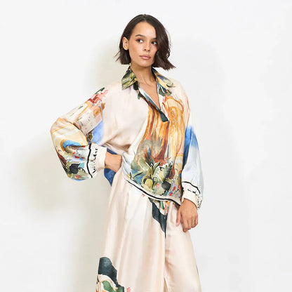 Abstract floral watercolor print satin shirt with mandarin collar - Beige - Pinkhill -  - [] - Darwin boutique - Australian fashion design - Darwin Fashion - Australian Fashion Designer - Australian Fashion Designer Brands - Australian Fashion Design 