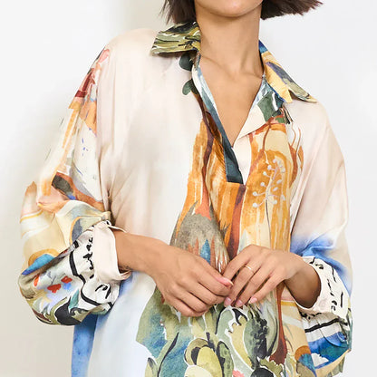 Abstract floral watercolor print satin shirt with mandarin collar - Beige - Pinkhill -  - [] - Darwin boutique - Australian fashion design - Darwin Fashion - Australian Fashion Designer - Australian Fashion Designer Brands - Australian Fashion Design 
