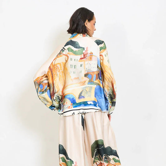 Abstract floral watercolor print satin shirt with mandarin collar - Beige - Pinkhill -  - [] - Darwin boutique - Australian fashion design - Darwin Fashion - Australian Fashion Designer - Australian Fashion Designer Brands - Australian Fashion Design 