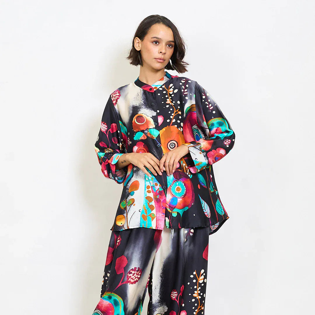 Abstract floral watercolor print satin shirt with mandarin collar - Black - Pinkhill -  - [] - Darwin boutique - Australian fashion design - Darwin Fashion - Australian Fashion Designer - Australian Fashion Designer Brands - Australian Fashion Design 