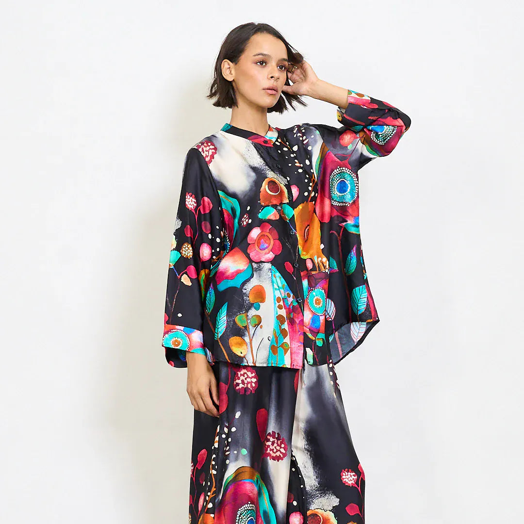 Abstract floral watercolor print satin shirt with mandarin collar - Black - Pinkhill -  - [] - Darwin boutique - Australian fashion design - Darwin Fashion - Australian Fashion Designer - Australian Fashion Designer Brands - Australian Fashion Design 