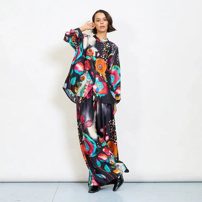 Abstract floral watercolor print satin shirt with mandarin collar - Black - Pinkhill -  - [] - Darwin boutique - Australian fashion design - Darwin Fashion - Australian Fashion Designer - Australian Fashion Designer Brands - Australian Fashion Design 