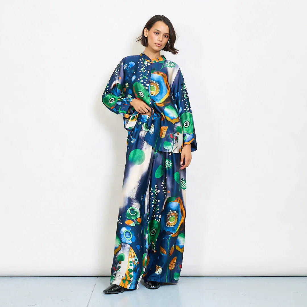 Abstract floral watercolor print satin shirt with mandarin collar - Dark Blue - Pinkhill -  - [] - Darwin boutique - Australian fashion design - Darwin Fashion - Australian Fashion Designer - Australian Fashion Designer Brands - Australian Fashion Design 