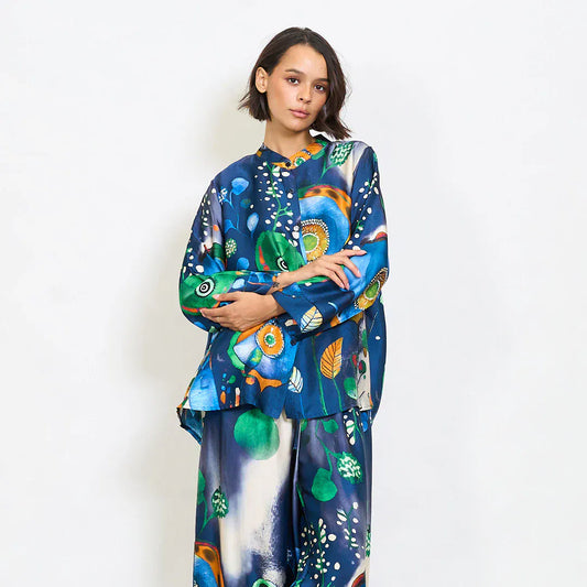 Abstract floral watercolor print satin shirt with mandarin collar - Dark Blue - Pinkhill -  - [] - Darwin boutique - Australian fashion design - Darwin Fashion - Australian Fashion Designer - Australian Fashion Designer Brands - Australian Fashion Design 