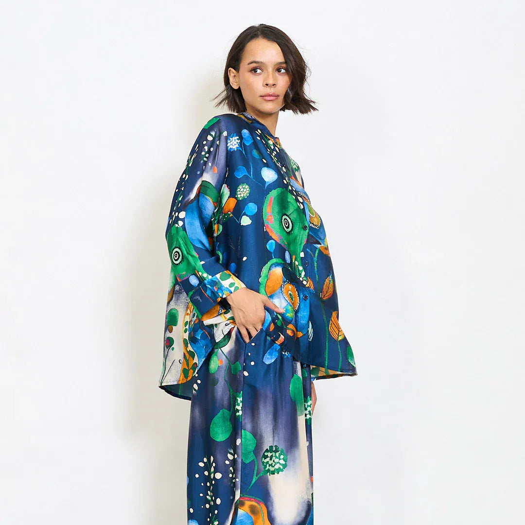 Abstract floral watercolor print satin shirt with mandarin collar - Dark Blue - Pinkhill -  - [] - Darwin boutique - Australian fashion design - Darwin Fashion - Australian Fashion Designer - Australian Fashion Designer Brands - Australian Fashion Design 