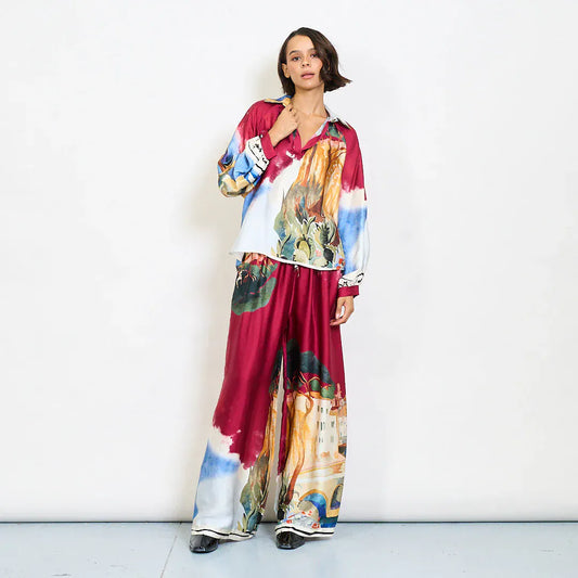 Abstract floral watercolor print satin shirt with mandarin collar - Magenta - Pinkhill -  - [] - Darwin boutique - Australian fashion design - Darwin Fashion - Australian Fashion Designer - Australian Fashion Designer Brands - Australian Fashion Design 