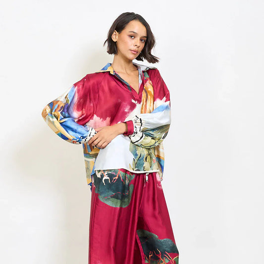 Abstract floral watercolor print satin shirt with mandarin collar - Magenta - Pinkhill -  - [] - Darwin boutique - Australian fashion design - Darwin Fashion - Australian Fashion Designer - Australian Fashion Designer Brands - Australian Fashion Design 