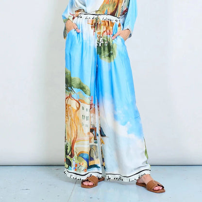 Michela Mii Artistic Landscape Print Wide-Leg Trousers - Light Blue - Pinkhill -  - [] - Darwin boutique - Australian fashion design - Darwin Fashion - Australian Fashion Designer - Australian Fashion Designer Brands - Australian Fashion Design 
