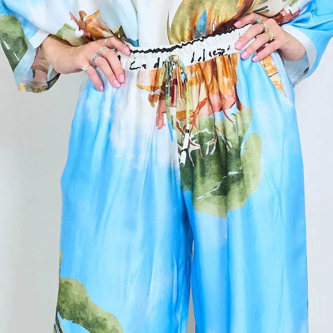 Michela Mii Artistic Landscape Print Wide-Leg Trousers - Light Blue - Pinkhill -  - [] - Darwin boutique - Australian fashion design - Darwin Fashion - Australian Fashion Designer - Australian Fashion Designer Brands - Australian Fashion Design 