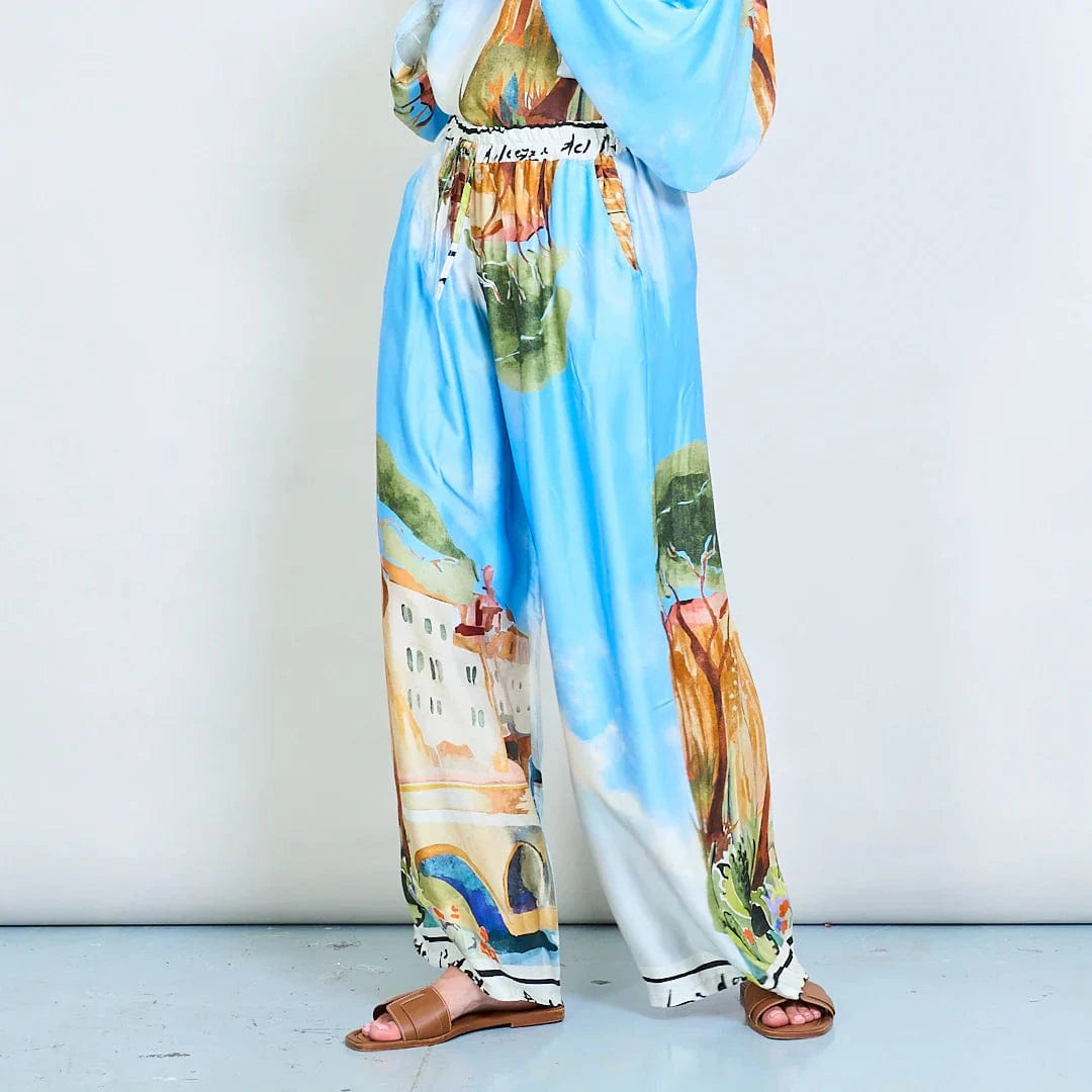 Michela Mii Artistic Landscape Print Wide-Leg Trousers - Light Blue - Pinkhill -  - [] - Darwin boutique - Australian fashion design - Darwin Fashion - Australian Fashion Designer - Australian Fashion Designer Brands - Australian Fashion Design 