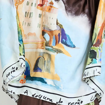 Michela Mii Landscape Printed Asymmetric Poncho Blouse - Coffee - Pinkhill -  - [] - Darwin boutique - Australian fashion design - Darwin Fashion - Australian Fashion Designer - Australian Fashion Designer Brands - Australian Fashion Design 