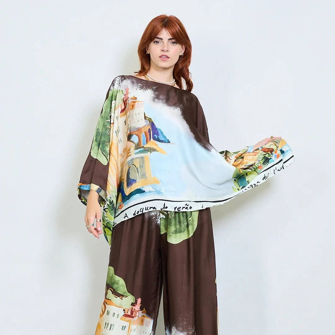 Michela Mii Landscape Printed Asymmetric Poncho Blouse - Coffee - Pinkhill -  - [] - Darwin boutique - Australian fashion design - Darwin Fashion - Australian Fashion Designer - Australian Fashion Designer Brands - Australian Fashion Design 