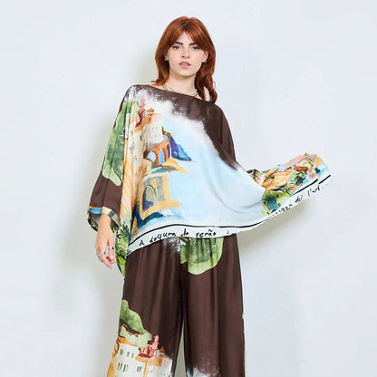 Michela Mii Landscape Printed Asymmetric Poncho Blouse - Coffee - Pinkhill -  - [] - Darwin boutique - Australian fashion design - Darwin Fashion - Australian Fashion Designer - Australian Fashion Designer Brands - Australian Fashion Design 