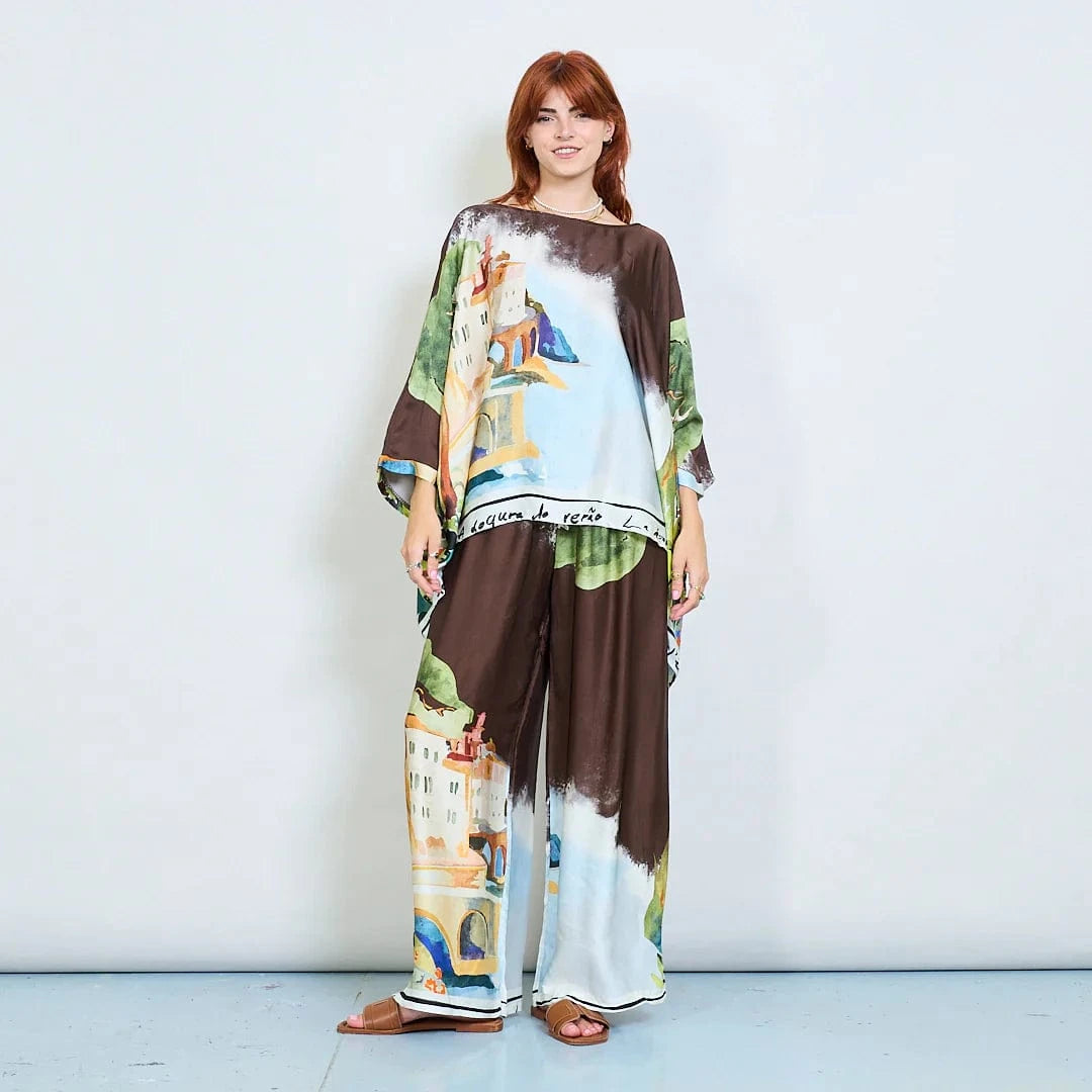 Michela Mii Landscape Printed Asymmetric Poncho Blouse - Coffee - Pinkhill -  - [] - Darwin boutique - Australian fashion design - Darwin Fashion - Australian Fashion Designer - Australian Fashion Designer Brands - Australian Fashion Design 