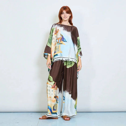 Michela Mii Landscape Printed Asymmetric Poncho Blouse - Coffee - Pinkhill -  - [] - Darwin boutique - Australian fashion design - Darwin Fashion - Australian Fashion Designer - Australian Fashion Designer Brands - Australian Fashion Design 