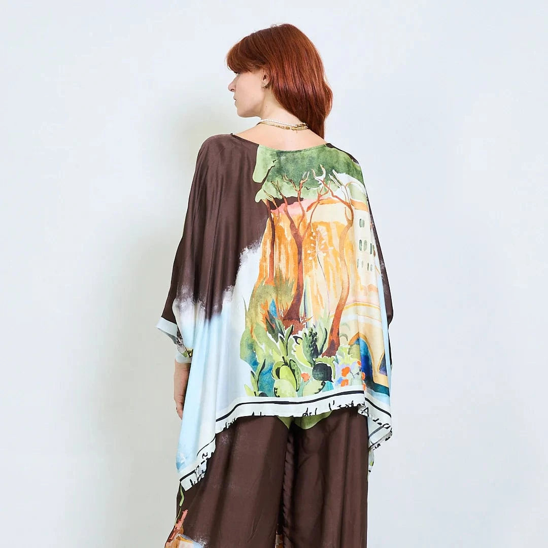 Michela Mii Landscape Printed Asymmetric Poncho Blouse - Coffee - Pinkhill -  - [] - Darwin boutique - Australian fashion design - Darwin Fashion - Australian Fashion Designer - Australian Fashion Designer Brands - Australian Fashion Design 