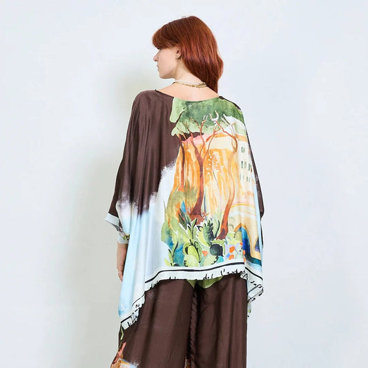 Michela Mii Landscape Printed Asymmetric Poncho Blouse - Coffee - Pinkhill -  - [] - Darwin boutique - Australian fashion design - Darwin Fashion - Australian Fashion Designer - Australian Fashion Designer Brands - Australian Fashion Design 