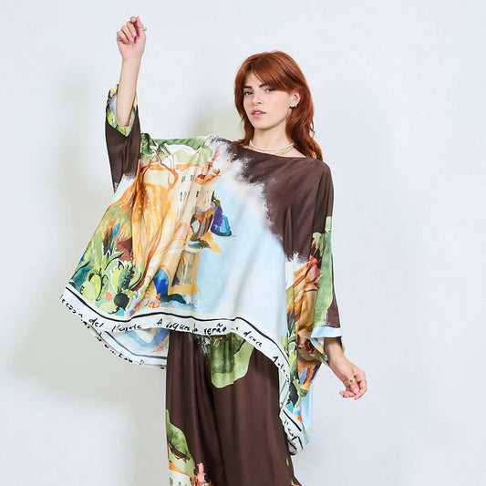 Michela Mii Landscape Printed Asymmetric Poncho Blouse - Coffee - Pinkhill -  - [] - Darwin boutique - Australian fashion design - Darwin Fashion - Australian Fashion Designer - Australian Fashion Designer Brands - Australian Fashion Design 