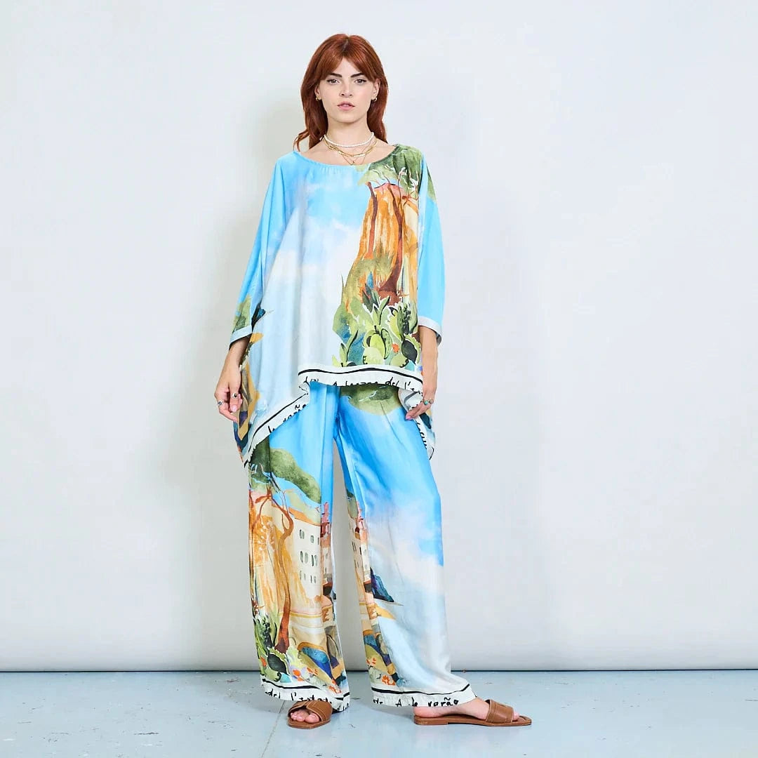 Michela Mii Landscape Printed Asymmetric Poncho Blouse - Light Blue - Pinkhill -  - [] - Darwin boutique - Australian fashion design - Darwin Fashion - Australian Fashion Designer - Australian Fashion Designer Brands - Australian Fashion Design 