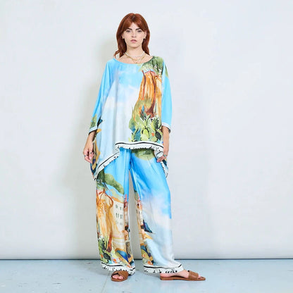 Michela Mii Landscape Printed Asymmetric Poncho Blouse - Light Blue - Pinkhill -  - [] - Darwin boutique - Australian fashion design - Darwin Fashion - Australian Fashion Designer - Australian Fashion Designer Brands - Australian Fashion Design 