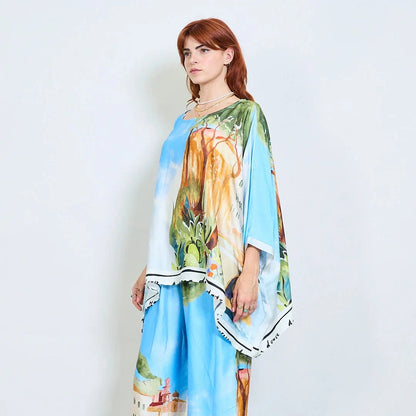 Michela Mii Landscape Printed Asymmetric Poncho Blouse - Light Blue - Pinkhill -  - [] - Darwin boutique - Australian fashion design - Darwin Fashion - Australian Fashion Designer - Australian Fashion Designer Brands - Australian Fashion Design 