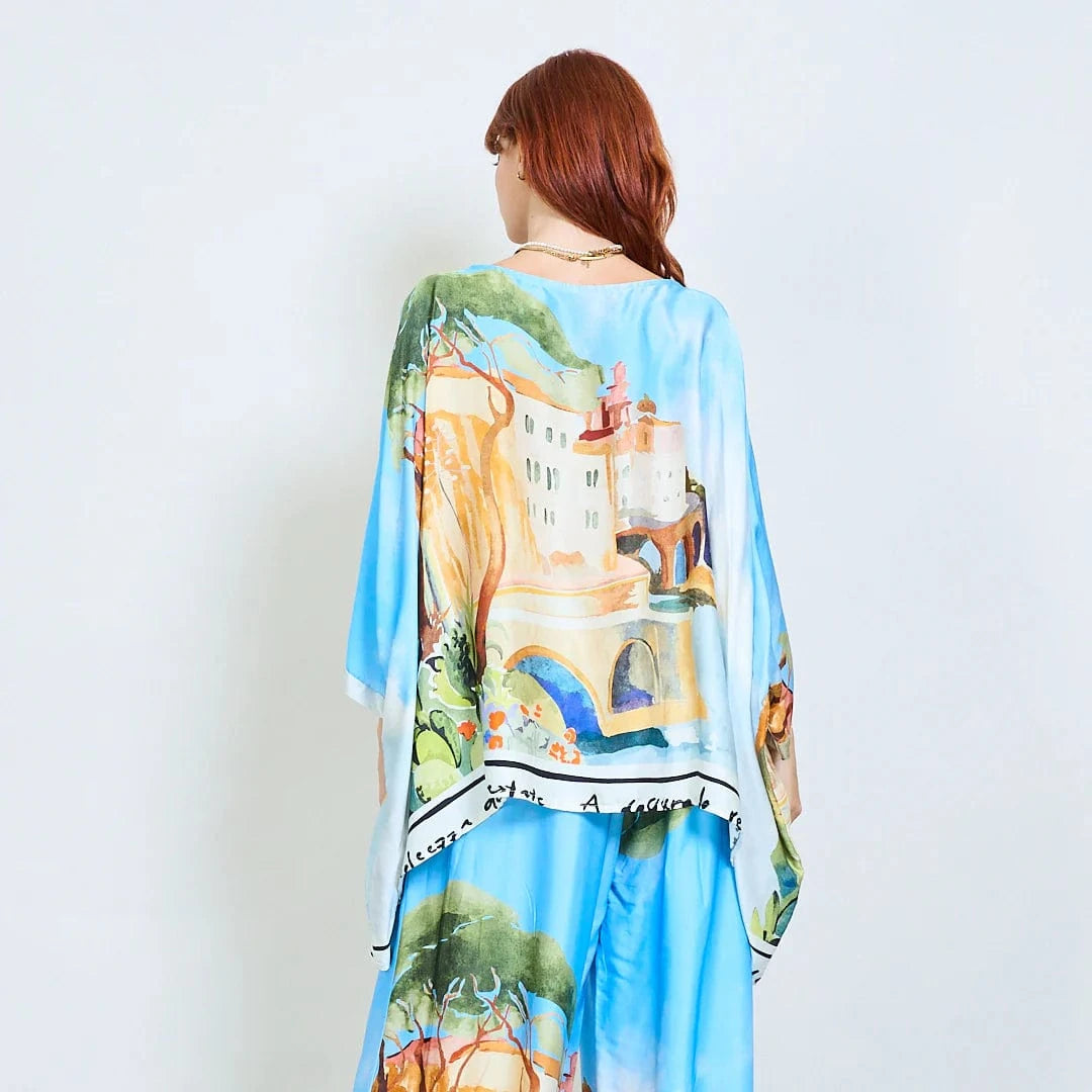 Michela Mii Landscape Printed Asymmetric Poncho Blouse - Light Blue - Pinkhill -  - [] - Darwin boutique - Australian fashion design - Darwin Fashion - Australian Fashion Designer - Australian Fashion Designer Brands - Australian Fashion Design 