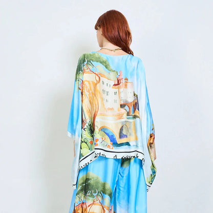 Michela Mii Landscape Printed Asymmetric Poncho Blouse - Light Blue - Pinkhill -  - [] - Darwin boutique - Australian fashion design - Darwin Fashion - Australian Fashion Designer - Australian Fashion Designer Brands - Australian Fashion Design 
