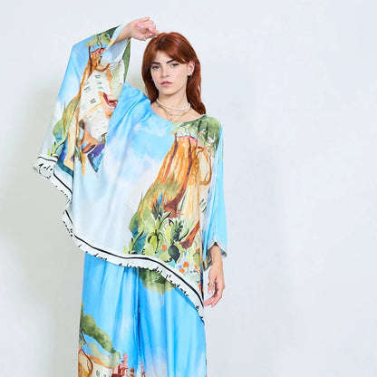 Michela Mii Landscape Printed Asymmetric Poncho Blouse - Light Blue - Pinkhill -  - [] - Darwin boutique - Australian fashion design - Darwin Fashion - Australian Fashion Designer - Australian Fashion Designer Brands - Australian Fashion Design 