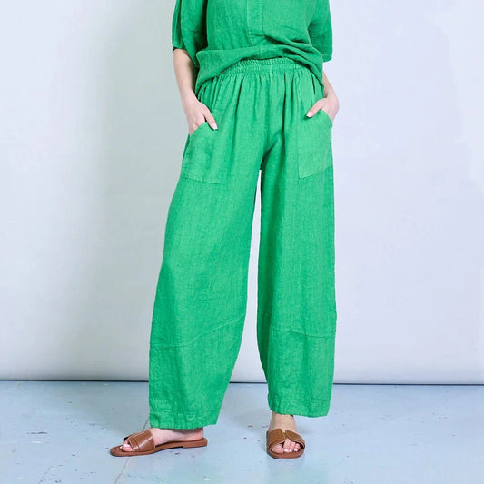Michela Mii Relaxed Linen Trousers With Soft Drape And Elastic Waist - Green - Pinkhill -  - [] - Darwin boutique - Australian fashion design - Darwin Fashion - Australian Fashion Designer - Australian Fashion Designer Brands - Australian Fashion Design 