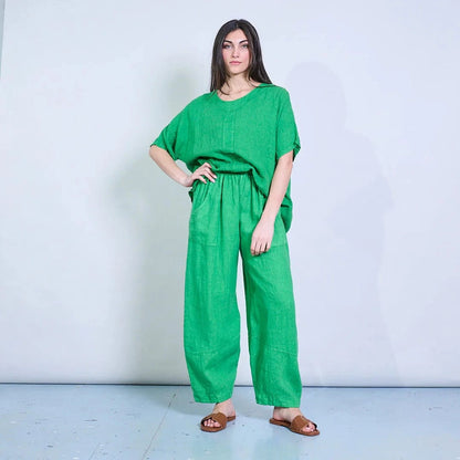 Michela Mii Relaxed Linen Trousers With Soft Drape And Elastic Waist - Green - Pinkhill -  - [] - Darwin boutique - Australian fashion design - Darwin Fashion - Australian Fashion Designer - Australian Fashion Designer Brands - Australian Fashion Design 