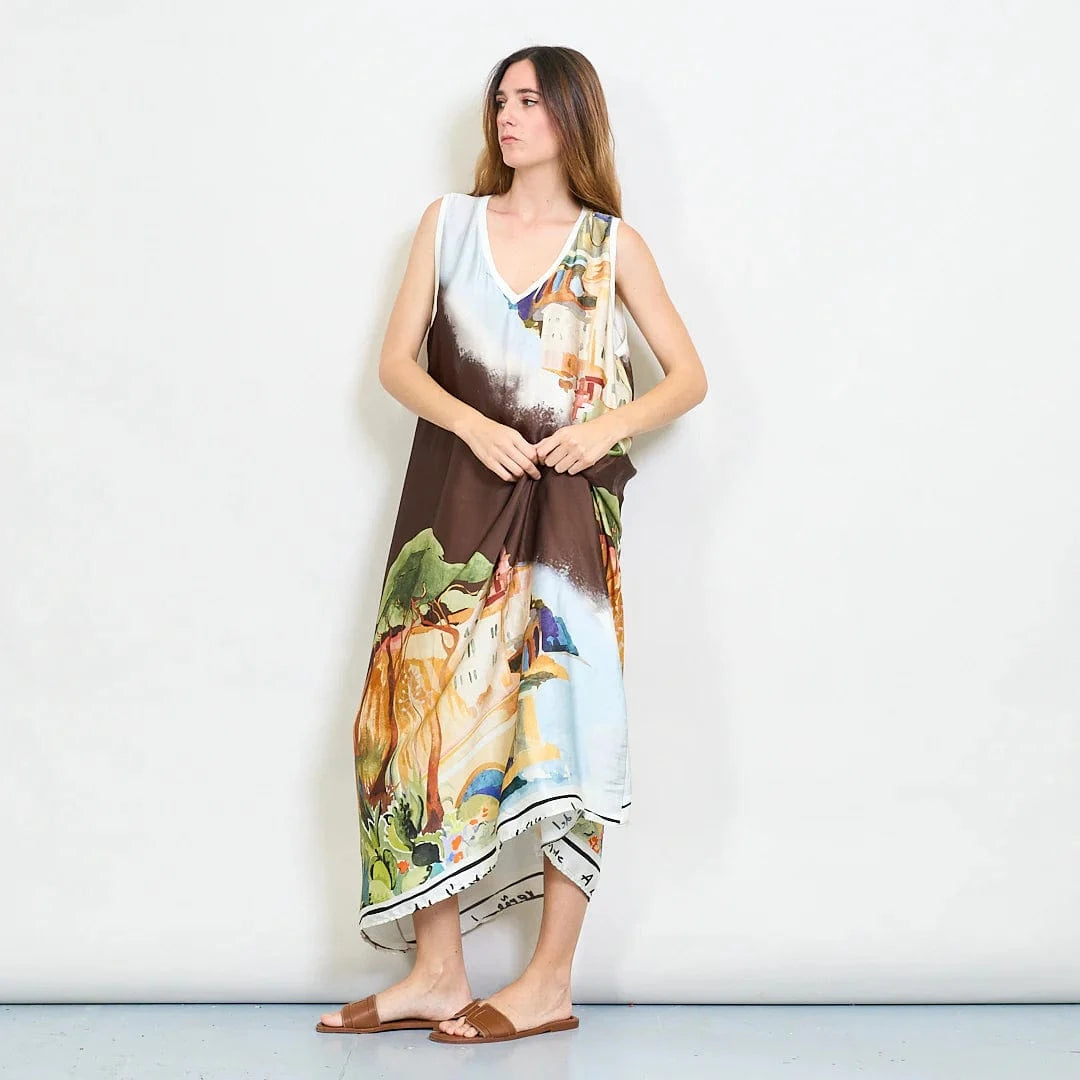 Michela Mii Scenic Painting Sleeveless Long Dress With Abstract Landscape Print - Coffee - Pinkhill -  - [] - Darwin boutique - Australian fashion design - Darwin Fashion - Australian Fashion Designer - Australian Fashion Designer Brands - Australian Fashion Design 