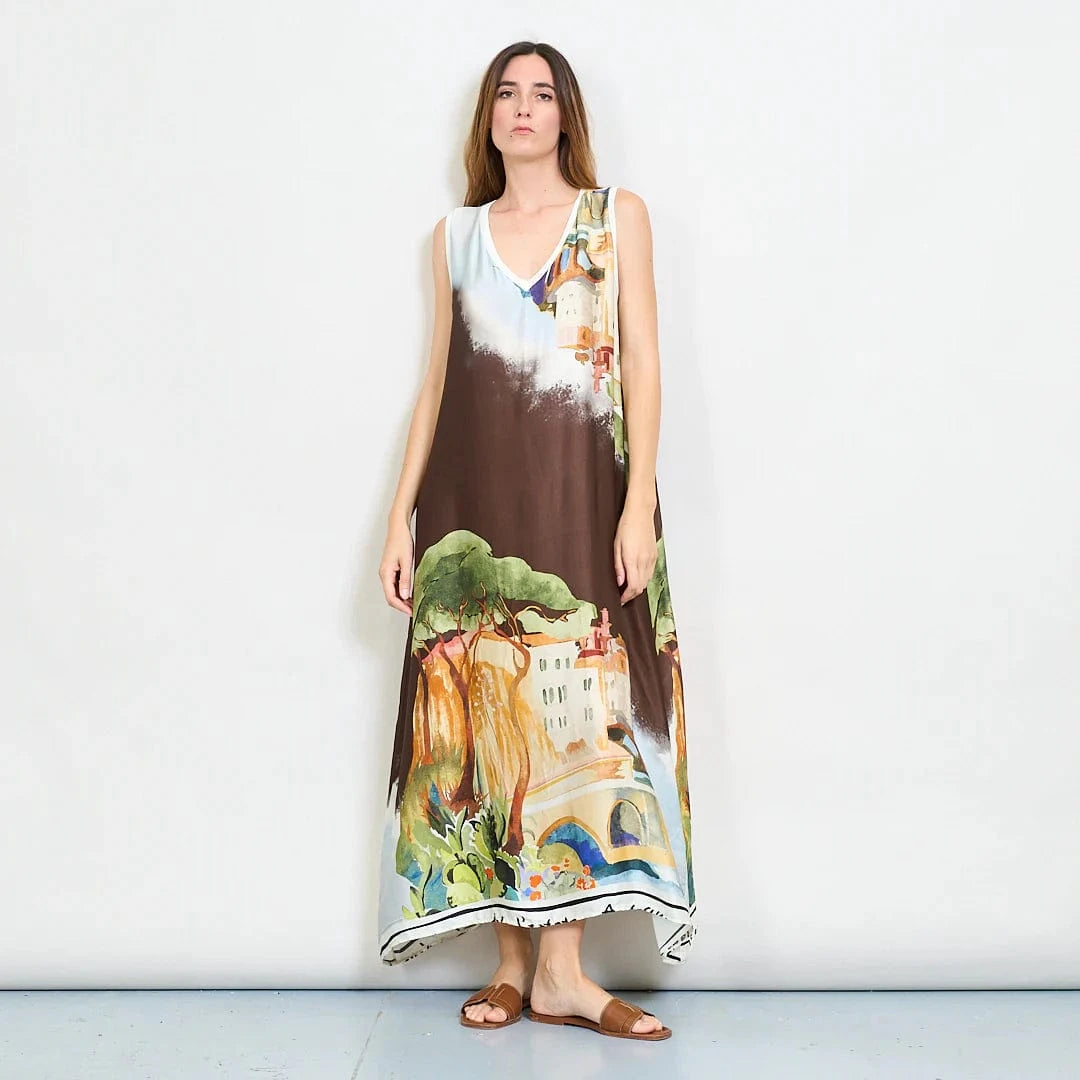 Michela Mii Scenic Painting Sleeveless Long Dress With Abstract Landscape Print - Coffee - Pinkhill -  - [] - Darwin boutique - Australian fashion design - Darwin Fashion - Australian Fashion Designer - Australian Fashion Designer Brands - Australian Fashion Design 