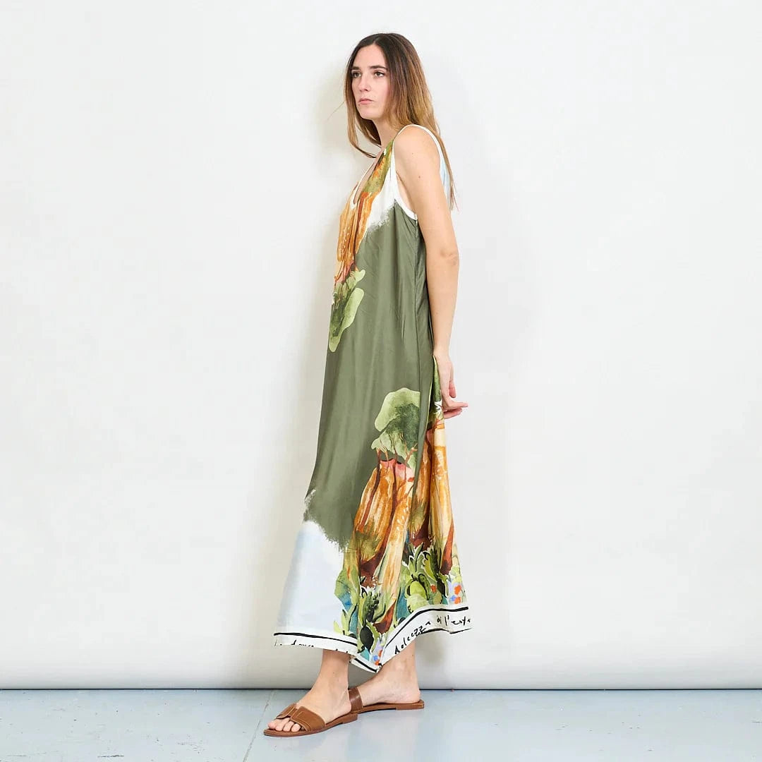 Michela Mii Scenic Painting Sleeveless Long Dress With Abstract Landscape Print - Dark Olive - Pinkhill -  - [] - Darwin boutique - Australian fashion design - Darwin Fashion - Australian Fashion Designer - Australian Fashion Designer Brands - Australian Fashion Design 